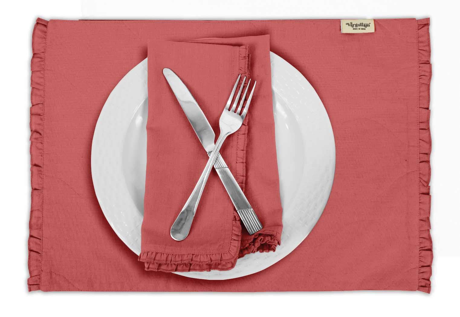 Vargottam Dark Peach Home Decor Cotton Flex Table Decor Reversible Dining Table Frill Placemats Set-Set Of 8
