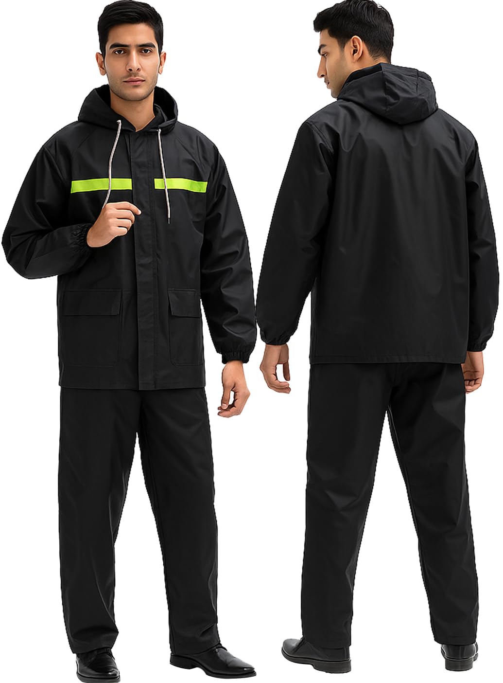 Raincoat with Reflective Strip Hooded and Adjustable Waterproof Poncho Rainwear Reversible Men & Women Polyester Reusable Rainsuit for Sports Bike Riders Camping