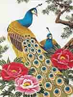 k567 額装刺繍絵「牡丹に孔雀」鮮やかな色合いのクジャクと優美なボタン