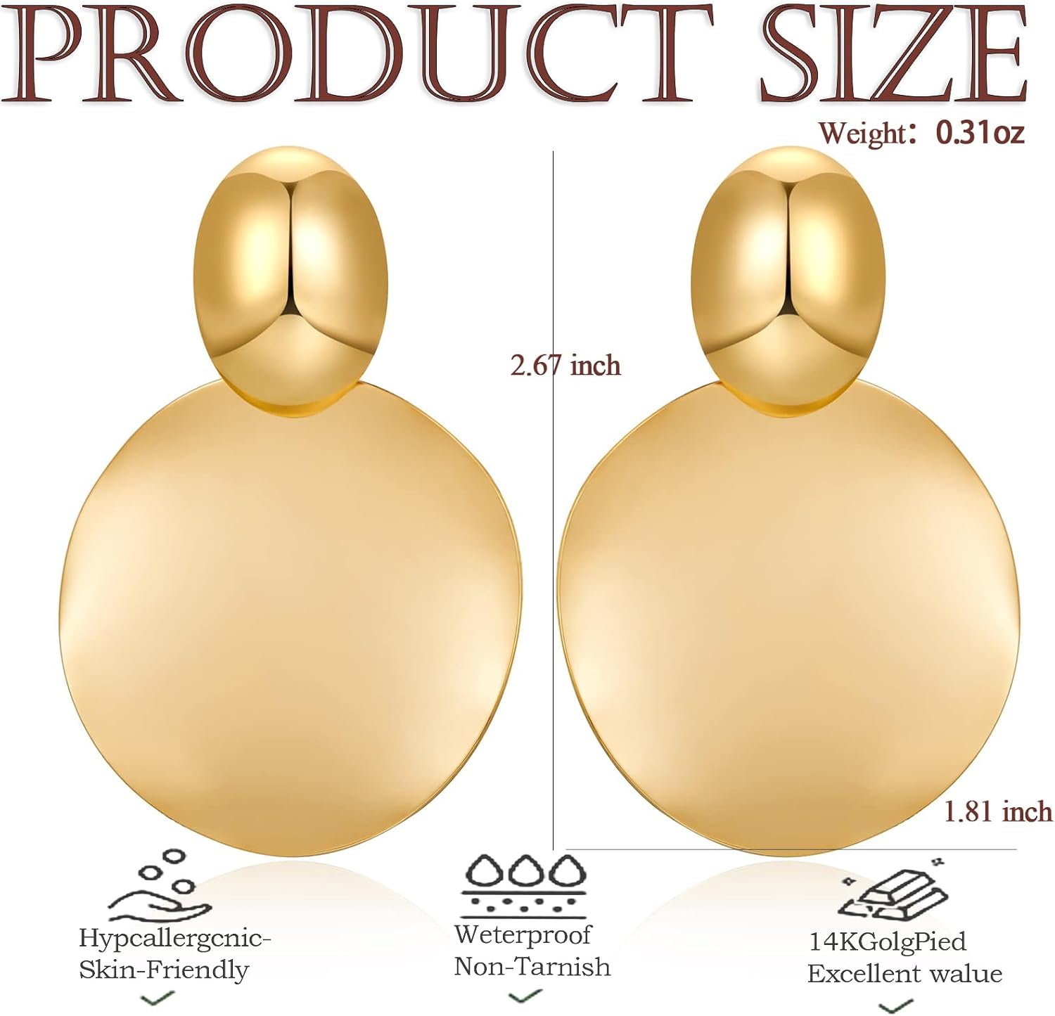 Gold Disc Drop Earrings for Women – Chunky Round Hammered Geometric Dangle Jewelry, Lightweight Statement Earrings for Special Occasions - Image 2