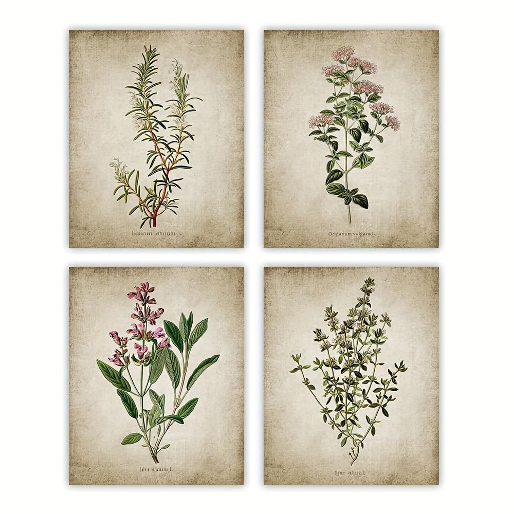 GLWDMH 4 sztuki 15 x 20 cm vintage botaniczne zielone liście i kwiatowe obrazy na płótnie, sztuka ścienna plakat i wydruki, obraz ścienny do salonu, sypialni, jadalni, biura (z ramą wewnętrzną)