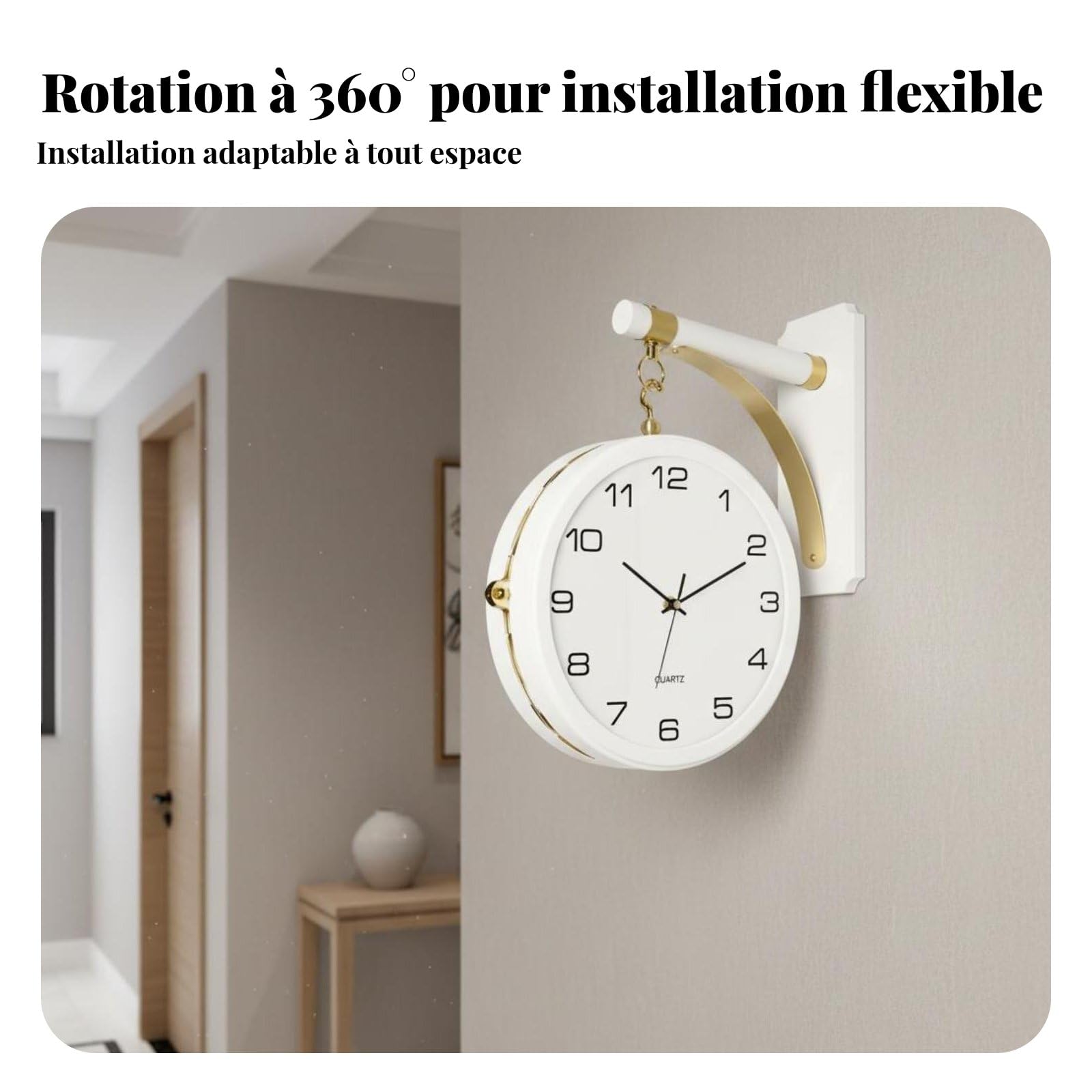Baoblaze Orologio da Parete con Quadrante Doppio E Design Elegante in Legno Massello con Meccanismo Silenzioso Rotazione Completa Adatto per Ufficio, color to 12, Metalmv+Lega+Bianco+H
