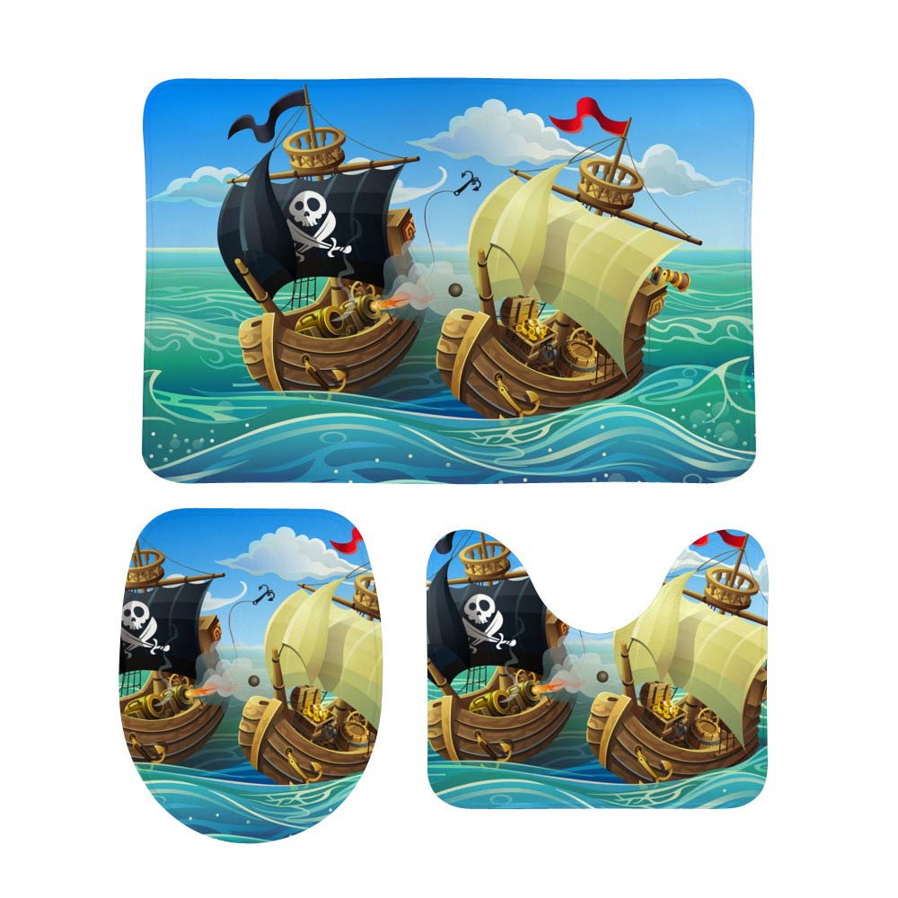 Tapis de bain en forme de U pirate Ruchen lot de 3 pour sol de salle de bain