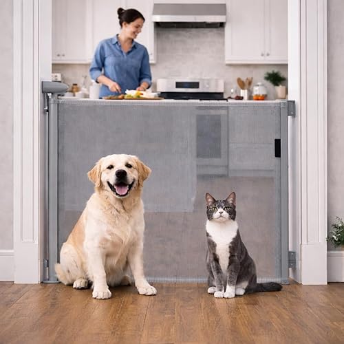 Miniatura 9 de Puerta de seguridad de malla retráctil, puerta para mascotas, puerta para bebé, 33 pulgadas de alto, se extiende hasta 55 pulgadas de ancho, para