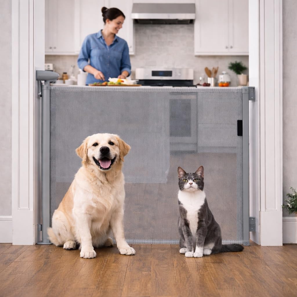 Toumoly Retractable Mesh Safety Gate, Pets Gate, Baby Gate, 33" Tall, Extends to 55" Wide, for Stairs, Doors, Hallways, Indoor/Outdoor (Grey, 55