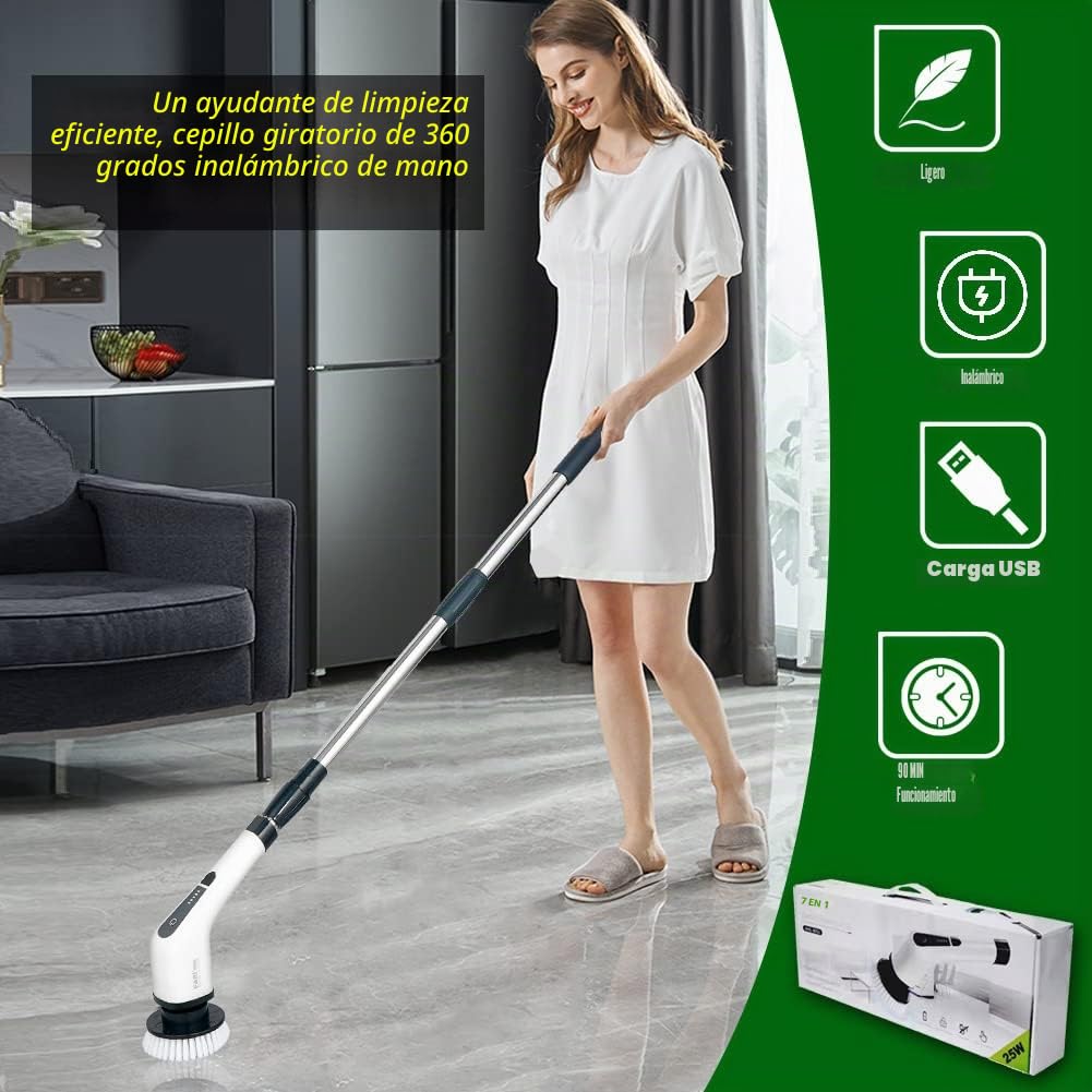 FARI Cepillo de limpieza eléctrico e inalámbrico con 7 cabezales reemplazables, bañera y baldosas, fregona eléctrica con mango ajustable para cuarto de baño y cocina, blanco