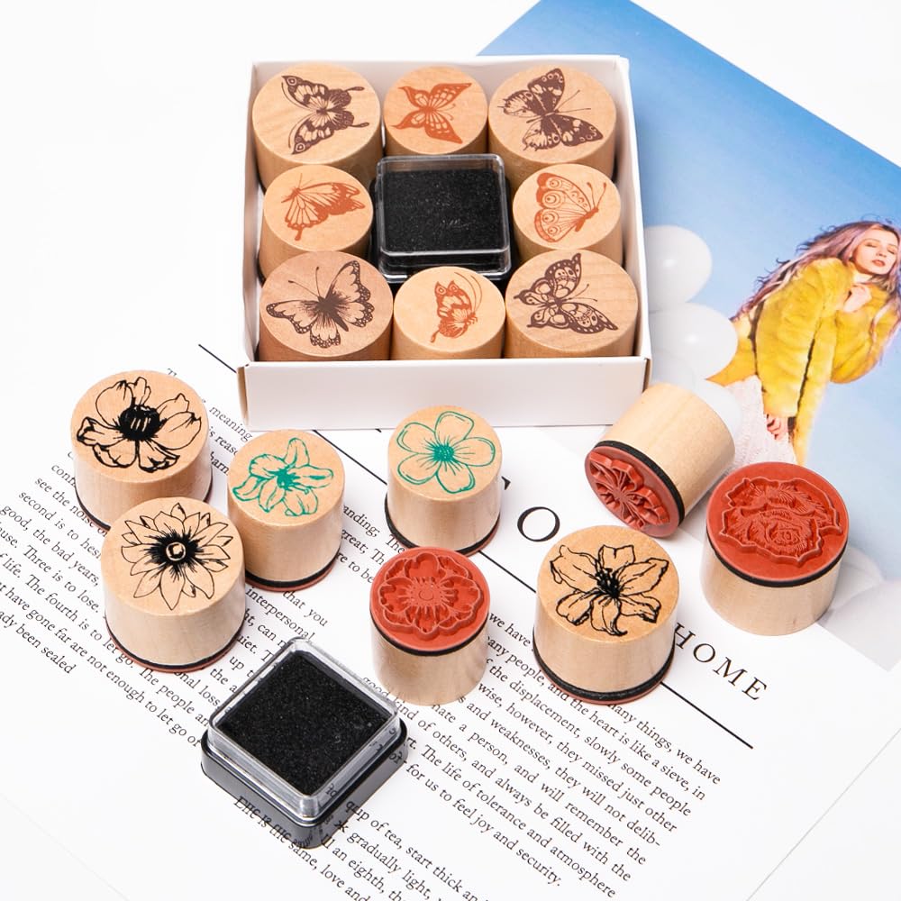 Timbri in Legno Farfalla Fiori Vintage Set in Gomma per DIY Scrapbooking Artigianato