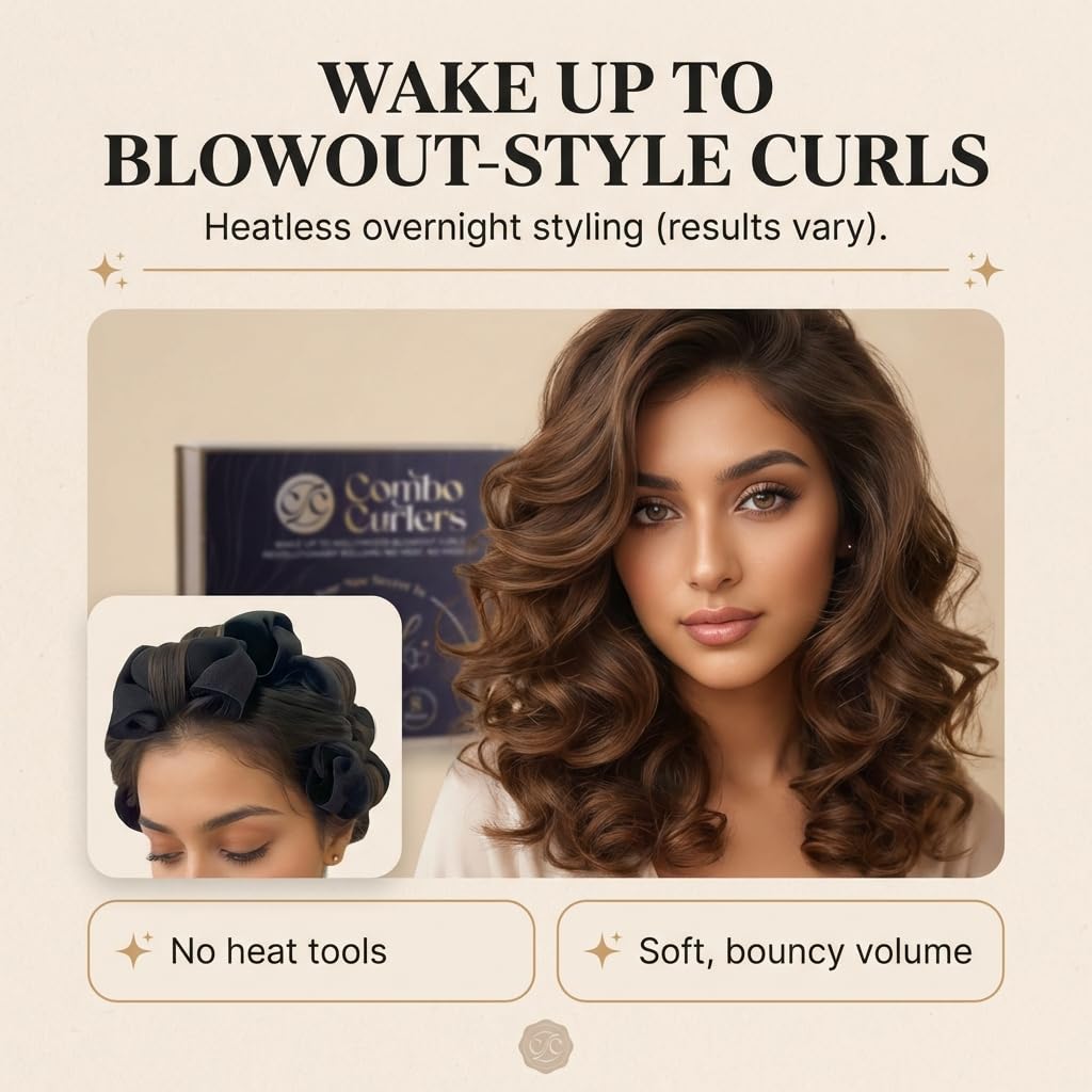 Heatless Hair Curlers - Overnight Foam Rollers for Sleeping, No Heat Curlers for Women, Satin Wrapped Ends & Soft, 8pc Set for Hollywood Blowout Curls (Black)