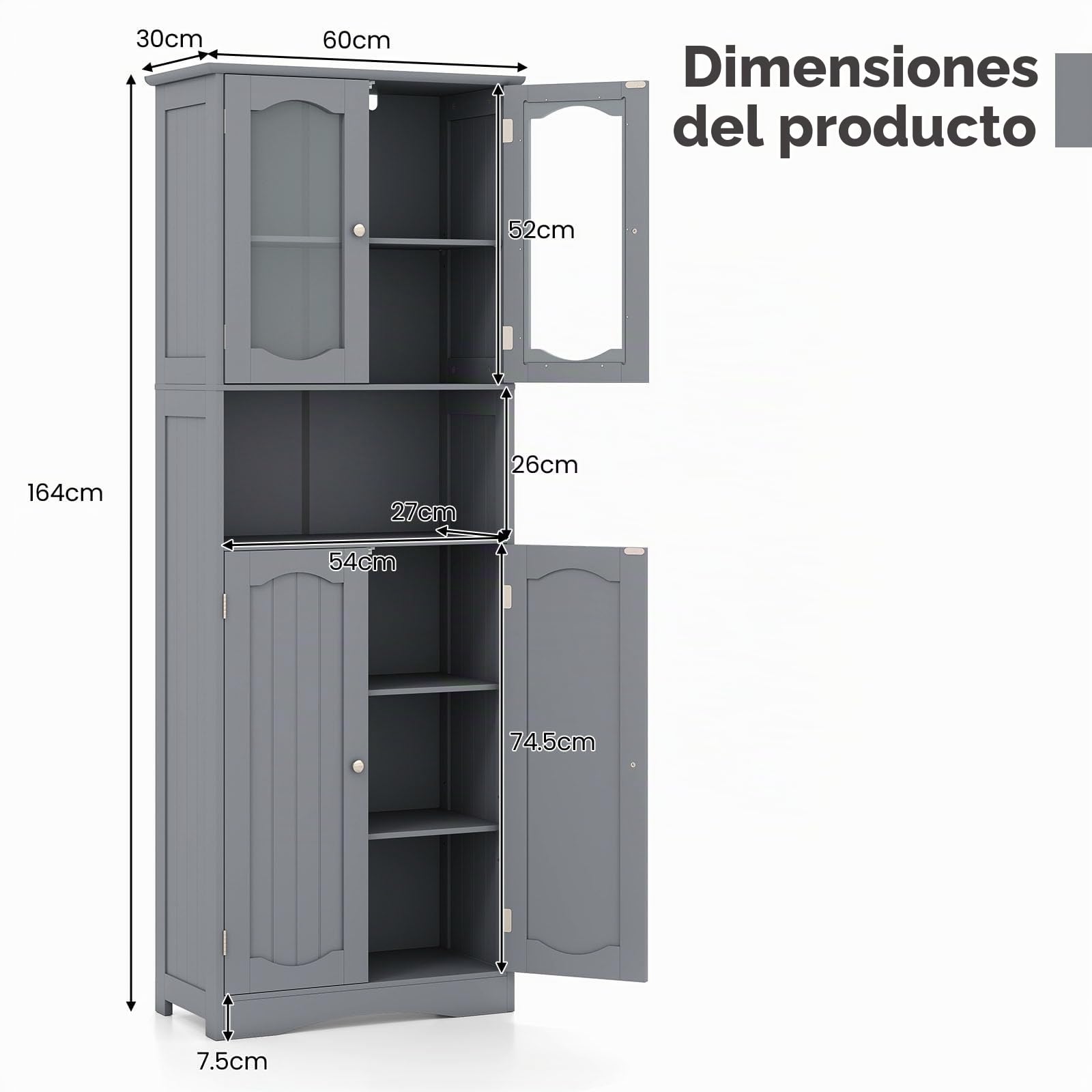 LIFEZEAL Armario Alto para Baño Independiente con Puertas de Cristal, Armario de Baño con Estantes Ajustables, Organizador de Almacenamiento para Cocina, Salón, Oficina, 60 x 30 x 164 cm (Gris)
