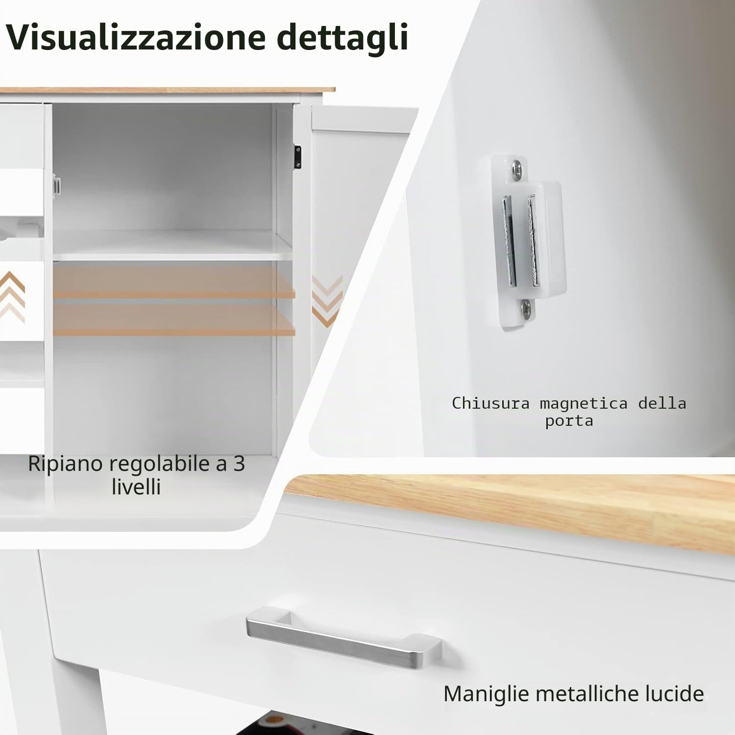 FANTASK Carrello da cucina in legno su ruote, portabottiglie e portasciugamani, isola da cucina con cassetti, carrello da portata con piano di lavoro, bianco