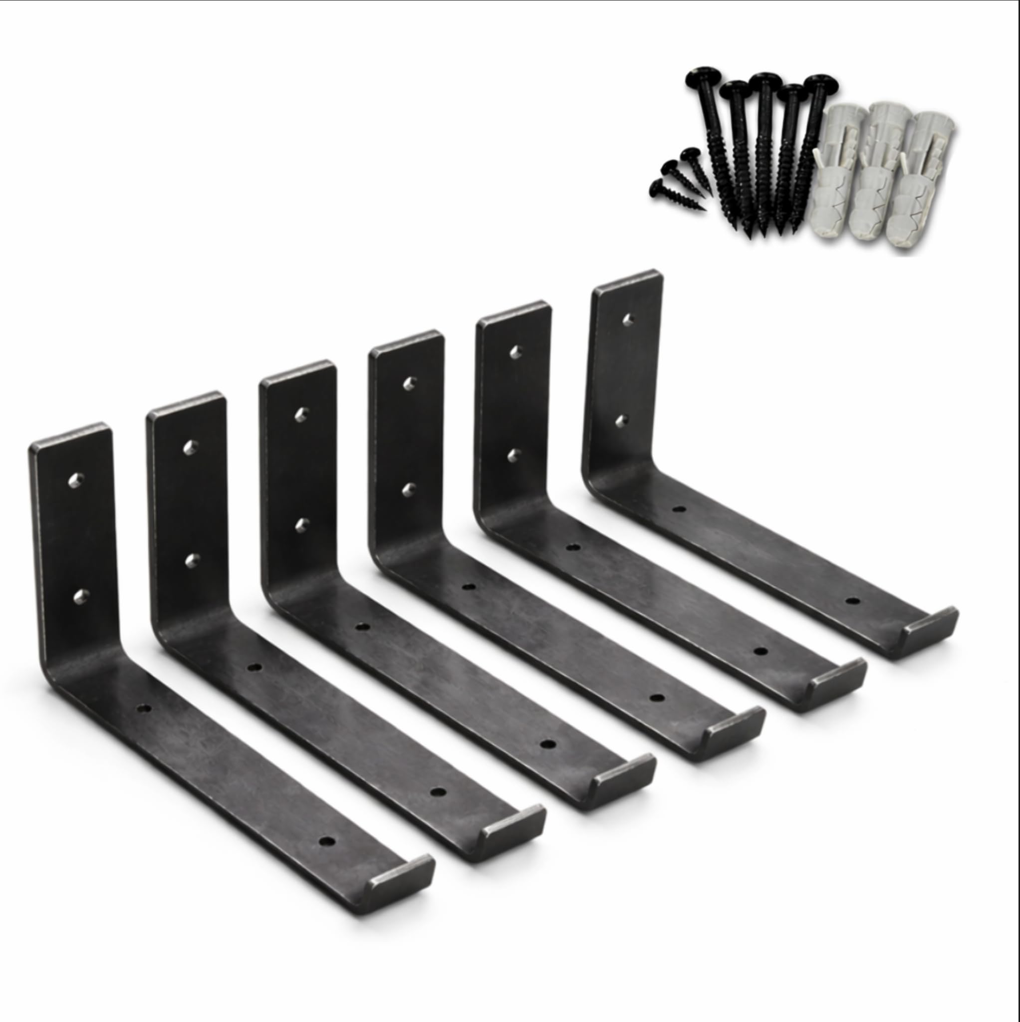 MKGT Set of 6 Heavy Duty Steel Shelf Brackets for Scaffold Board Shelving, 225mm Wall Mounted Rustic Industrial Supports, Raw Steel