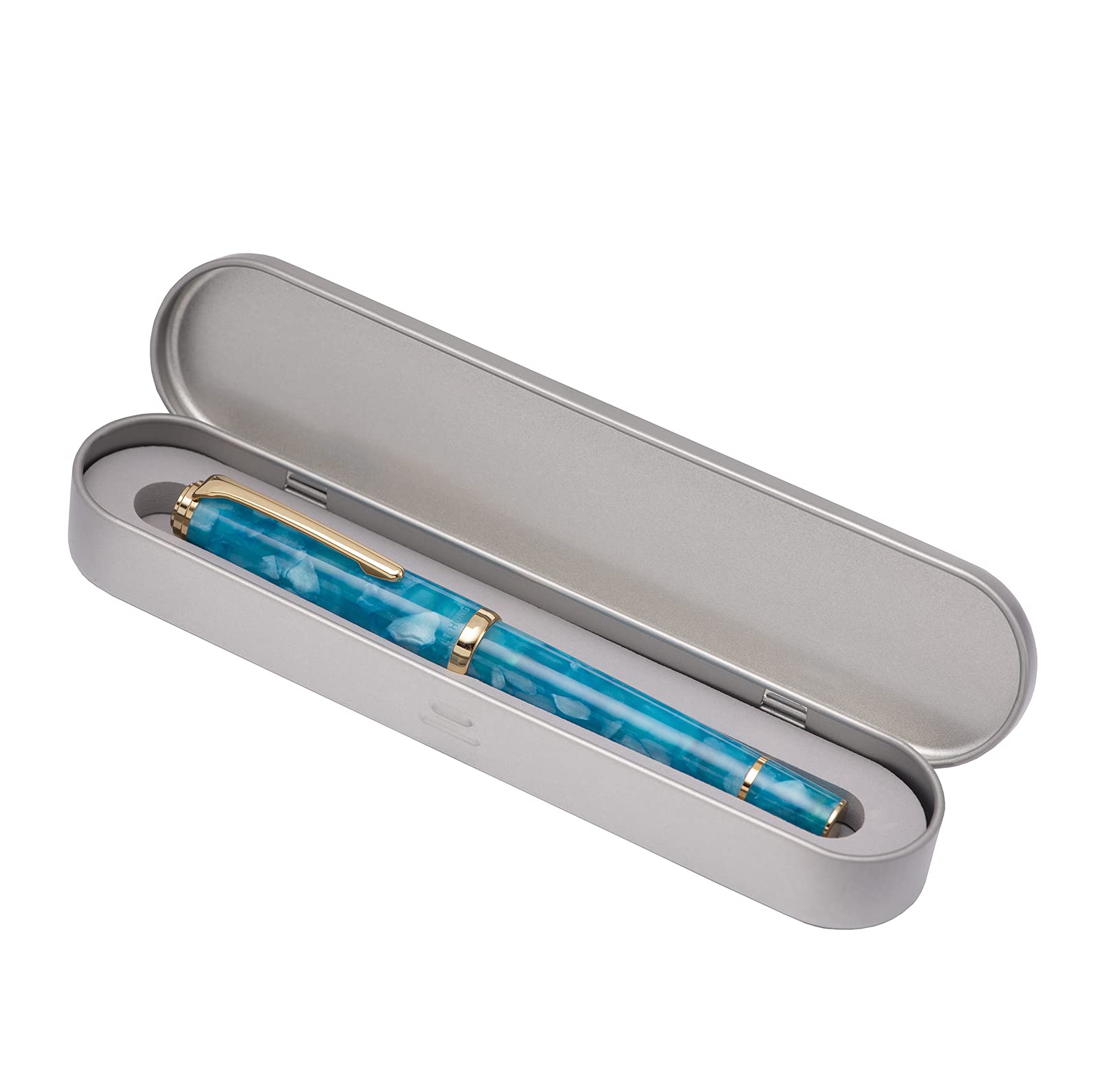 Stylo Plume De Collection En Résine Marbré Bleu Avec Rosace Rose Des Vents - Neuf, Jamais Encré, Avec Recharge