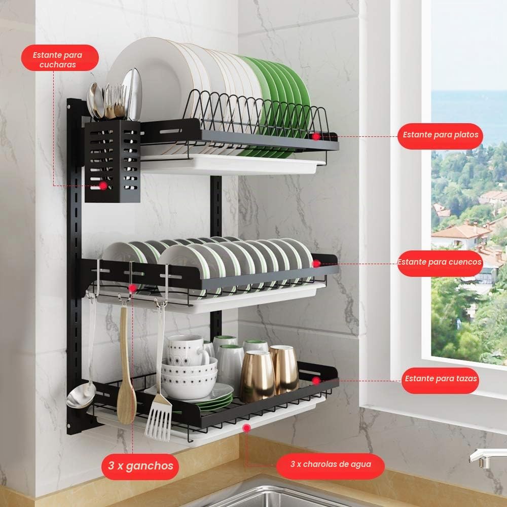 junyuan, Escurridor de Platos Colgante de Pared, Organizador de Platos de Cocina de 3 Niveles con Bandeja de Drenaje con 3 Ganchos, Acero Inoxidable, Altura Ajustable, Negro