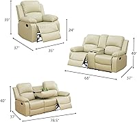 Vista 2 de Juego de 2 sofás reclinables manuales de cuero sintético, juego de sofá reclinable para sala, muebles modernos para sala con portavasos/consola