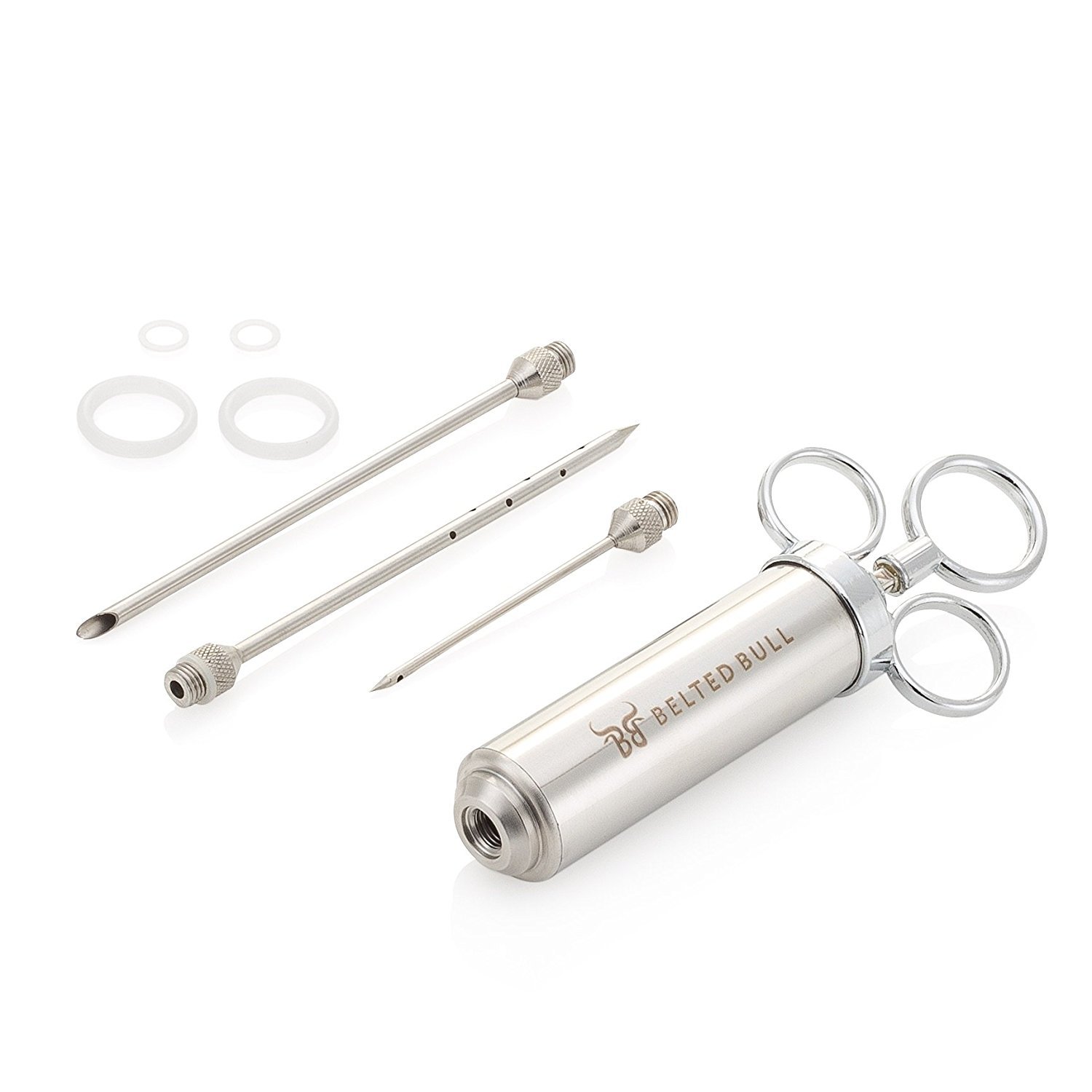 Belted Bull Stainless Steel Barbecue Meat Injector Syringe - Injector Pump –304 Grade Steel – Three Needles for Liquid or Chunky Marinades and Rubs - Cajun Injector
