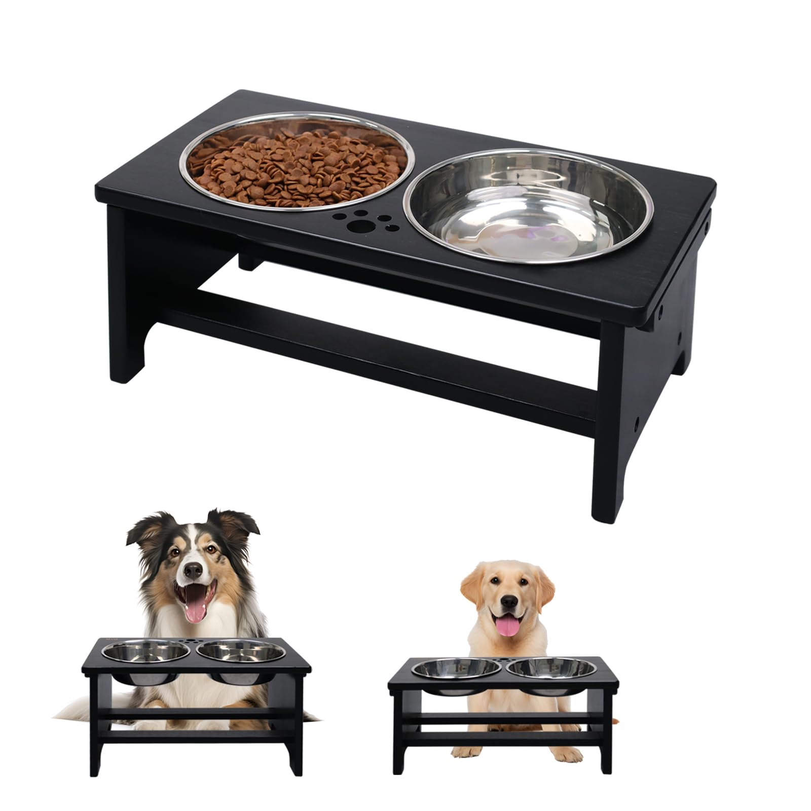 HTB Black Raised Dog Bowls With Stand, Bamboo Elevated Dog Bowls for Large Medium Small Size Dogs, Bamboo Pet Food And Water Feeder With 2 Stainless Steel Bowls - 17.32"L *9.45" M*7.1" H