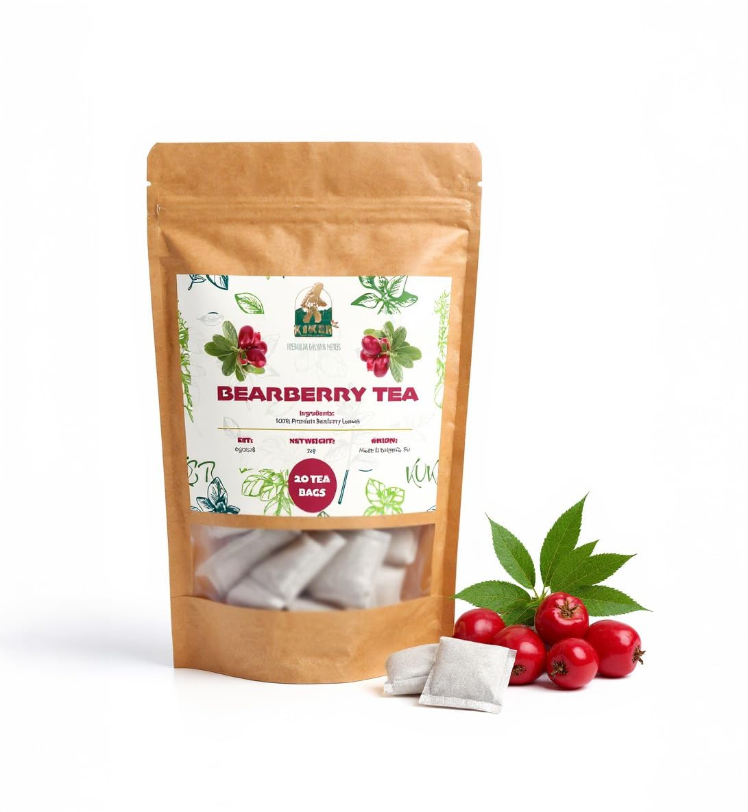 KUKER Bearberry Tea Bags (Uva Ursi) – 20 Herbal Tea Bags – Uva Ursi Tea with Bearberry Leaf for Urinary Tract Support – Traditional Diuretic Kidney Tea for Daily Balance – Kidney Cleanse Tea