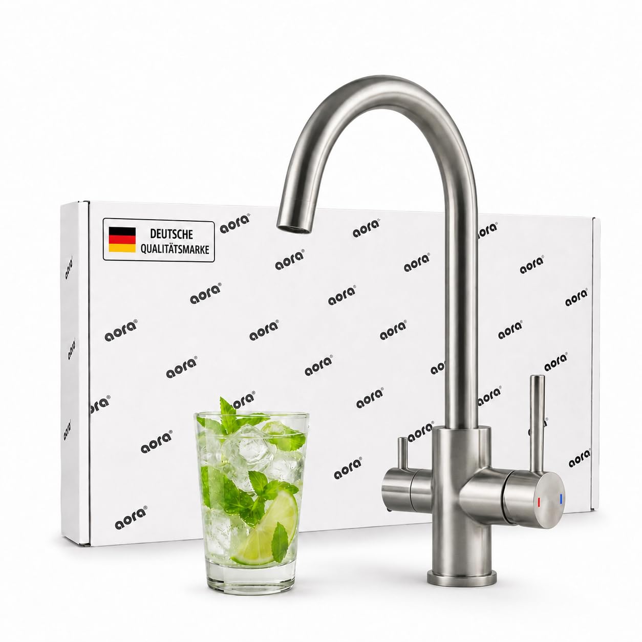 AORA® VANTO INOX Grifo de cocina de 3 vías de acero inoxidable macizo 304 – Mezclador de cocina de alta presión para filtro de agua y sistema de ósmosis – Grifo de fregadero con salida de 360°