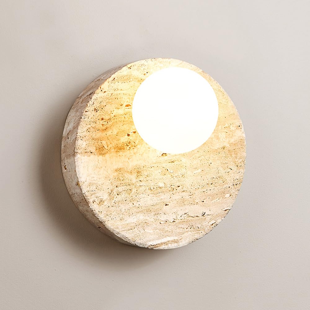 HUAYUSEDF . Wall Sconce,Retro Atmosphere Wall Lights, Natural Yellow Travertine 9.8in Wall Lamps, Warm Light Round Stone Wall Mount Lamp, for Living Room Staircase Entrance Lighting