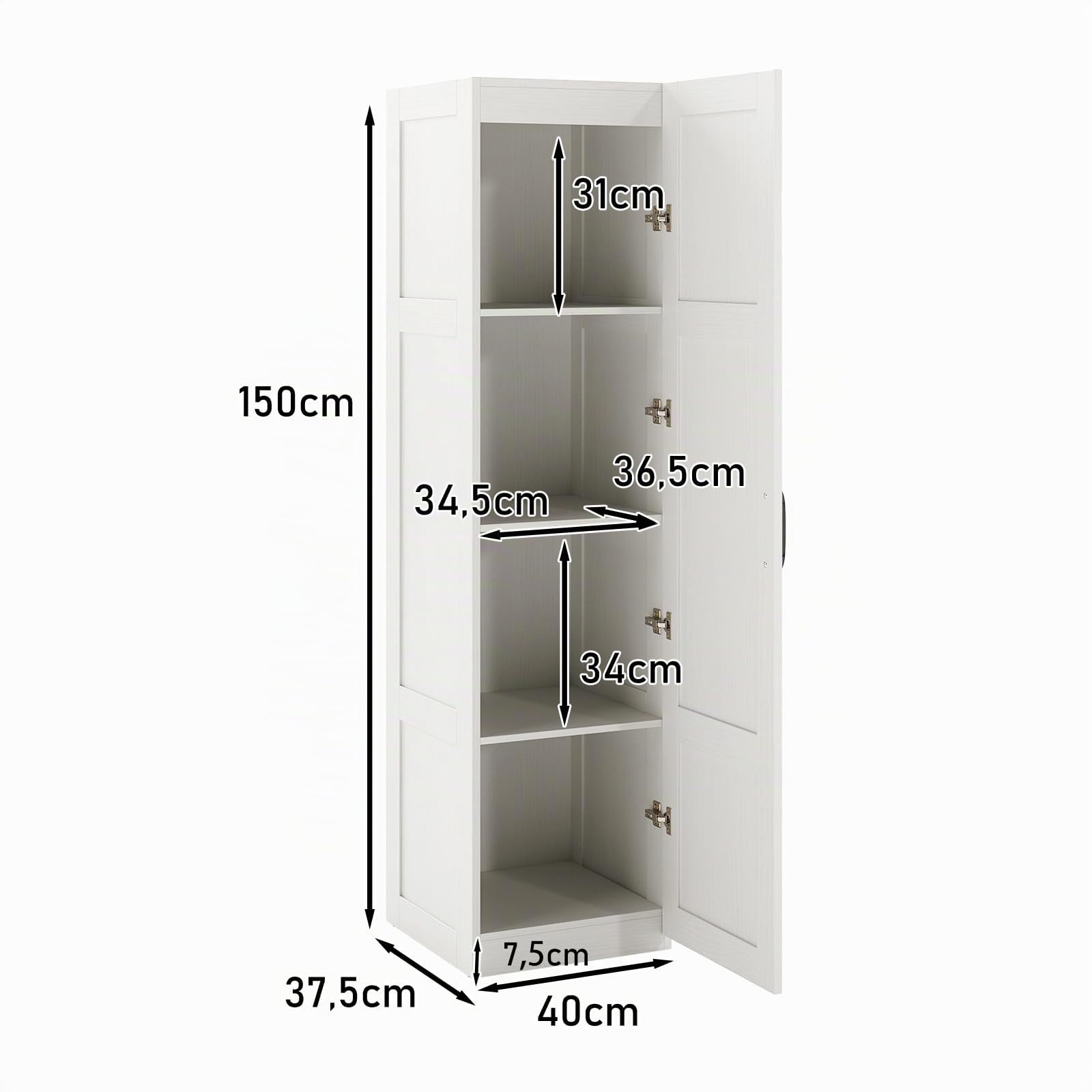 KOMFOTTEU 4 Etagen Hochschrank mit Metallgriff & Kippschutz, Aufbewahrungsschrank mit Einer Tür, Mehrzweckschrank schmal, Küchenschrank für Esszimmer, Küche, Badezimmer, 37,5 x 40 x 150 cm (Weiß)
