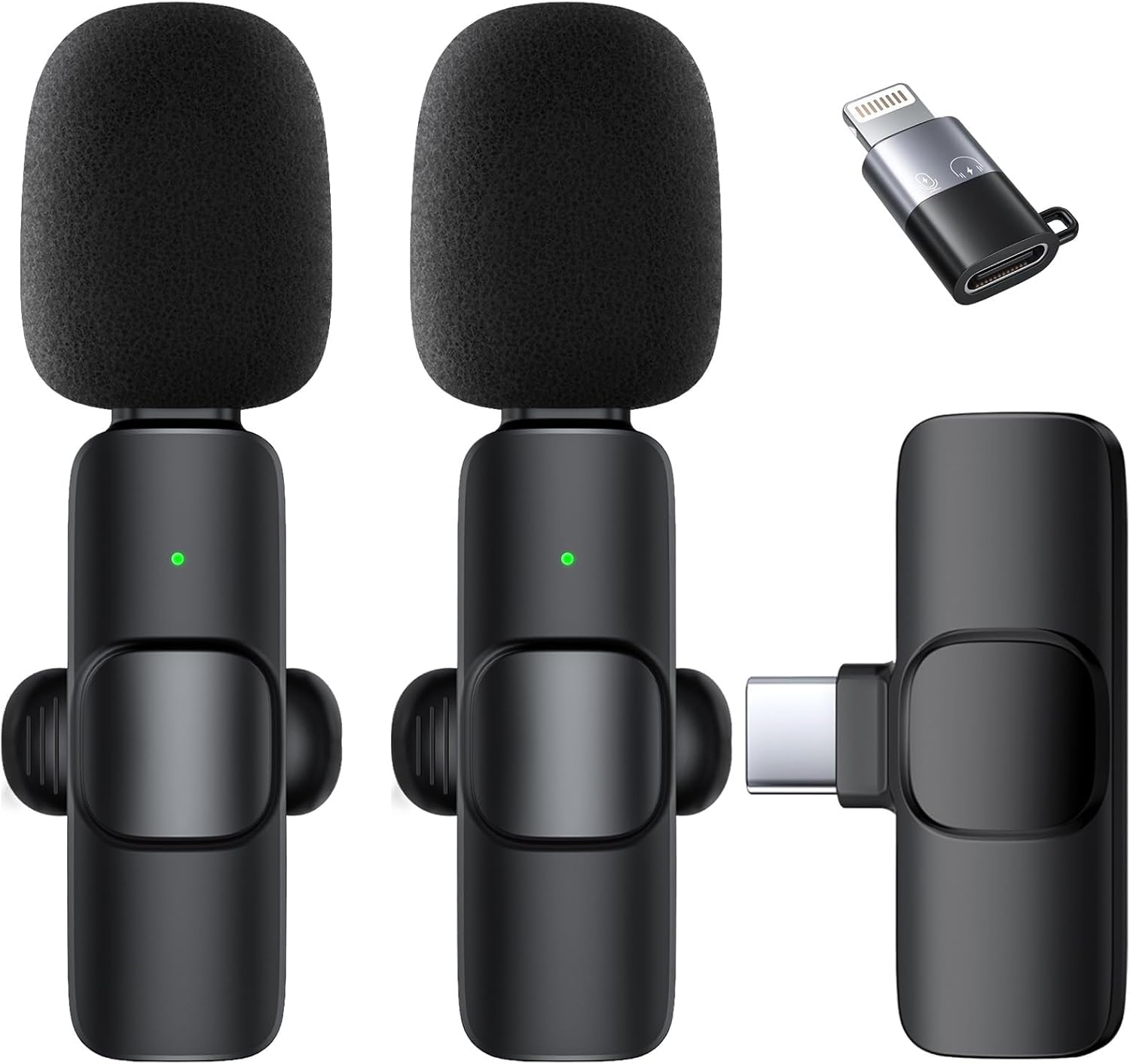Microfono Lavalier Wireless per iPhone, iPad e Android, Set 2 Microfoni a Clip con Ricevitore Lightning e USB-C, Riduzione Rumore AI, Audio Omnidirezionale, Plug and Play, 20m 10H per Video e Vlog