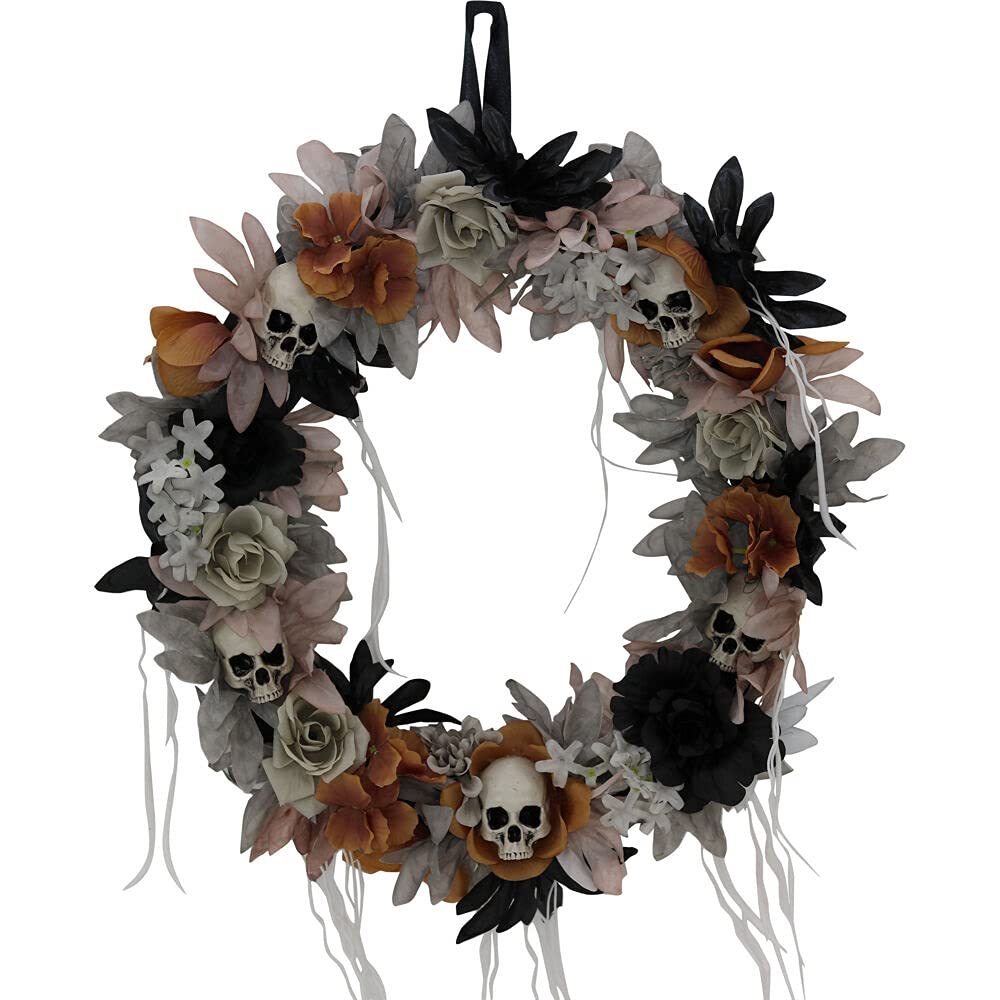 Haunted Hill Farm Gothic Skull Wreath with Multicolor Flowers, Indoor or Outdoor Halloween Decor, Scary Wreath for Front Door, Wall, or Window