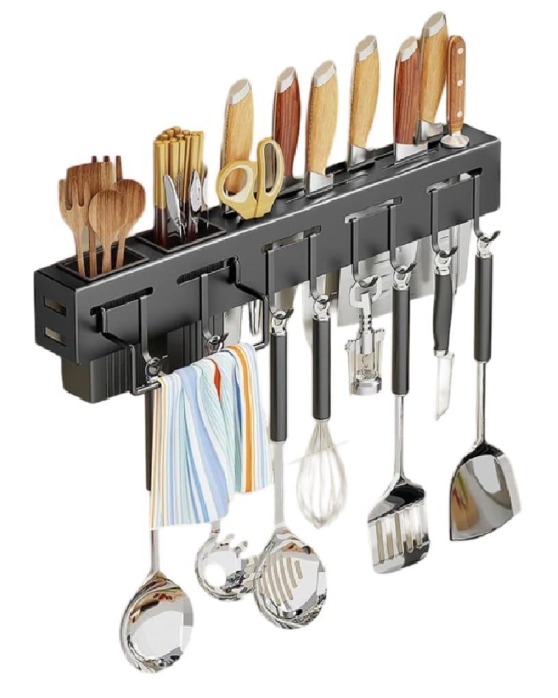 ZAVIFY Kitchen Knife Rack, Wall-Mounted Knife Holder Kitchen Wall Shelf Heavy Duty Spoon Organizer, Cutlery Holder with 8 Hooks & Towel Rack, Multi-Purpose Knife Organizer for Kitchen (40cm)