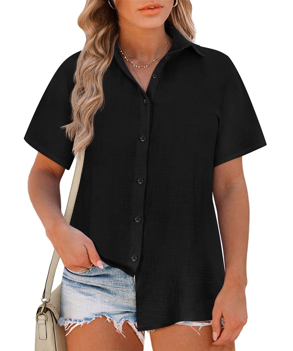 RITERA Womens Plus Size Tops Button Down Roll-Up Cuffed Short Sleeve Casual Shirts Collared Summer Lightweight Blouse XL-5XL