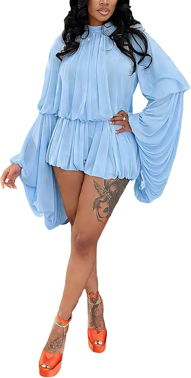 Ekaliy Women 2 Piece Chiffon Short Set Dressy Mock Neck Bell Sleeve Blouse & Pleated Bubble Shorts Outfits for Vacation Party