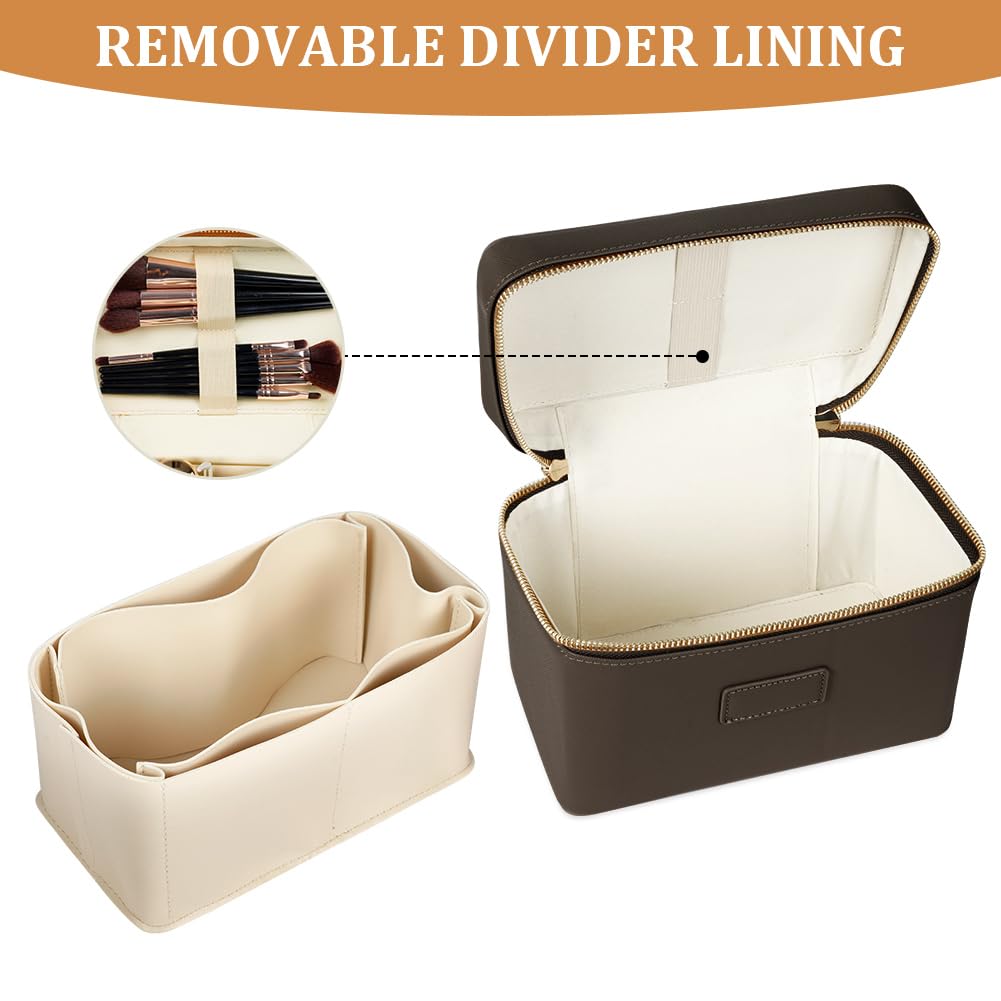 Bolsa de Aseo Mujer Maquillaje, Bolsas de Cosméticos de PU, Bolsa de Lavado de Viaje, Organizador Grande para Maquillaje, Neceser Makeup Bag Multifuncional, Regalo Ideal para Mujeres, Café Claro