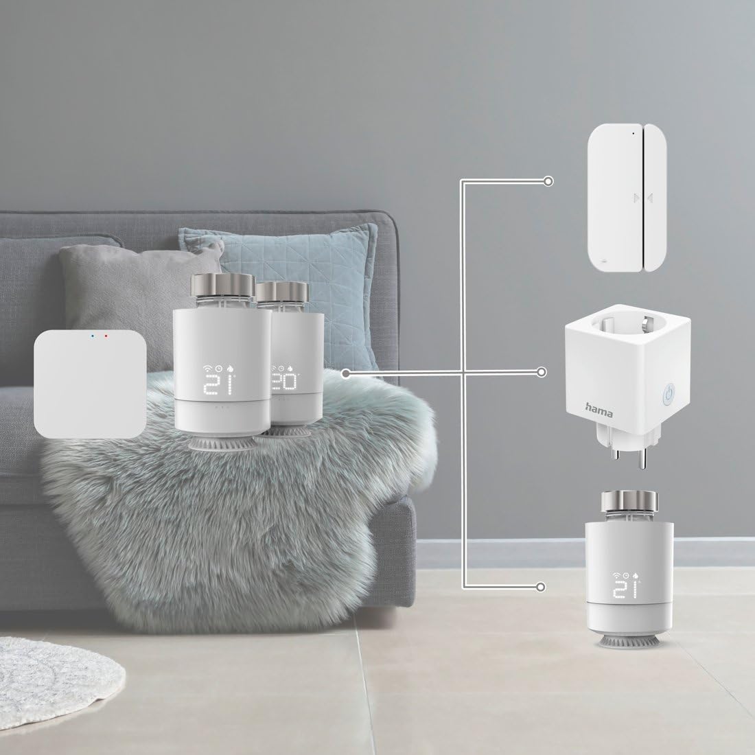 Hama Zestaw 2x Głowica Termostatyczna WIFI SMART + Przekaźnik Mostek Bramka, Sterowanie Ogrzewaniem, Zdalna Kontrola, Głosowe Sterowanie, Oszczędność Energetyczna