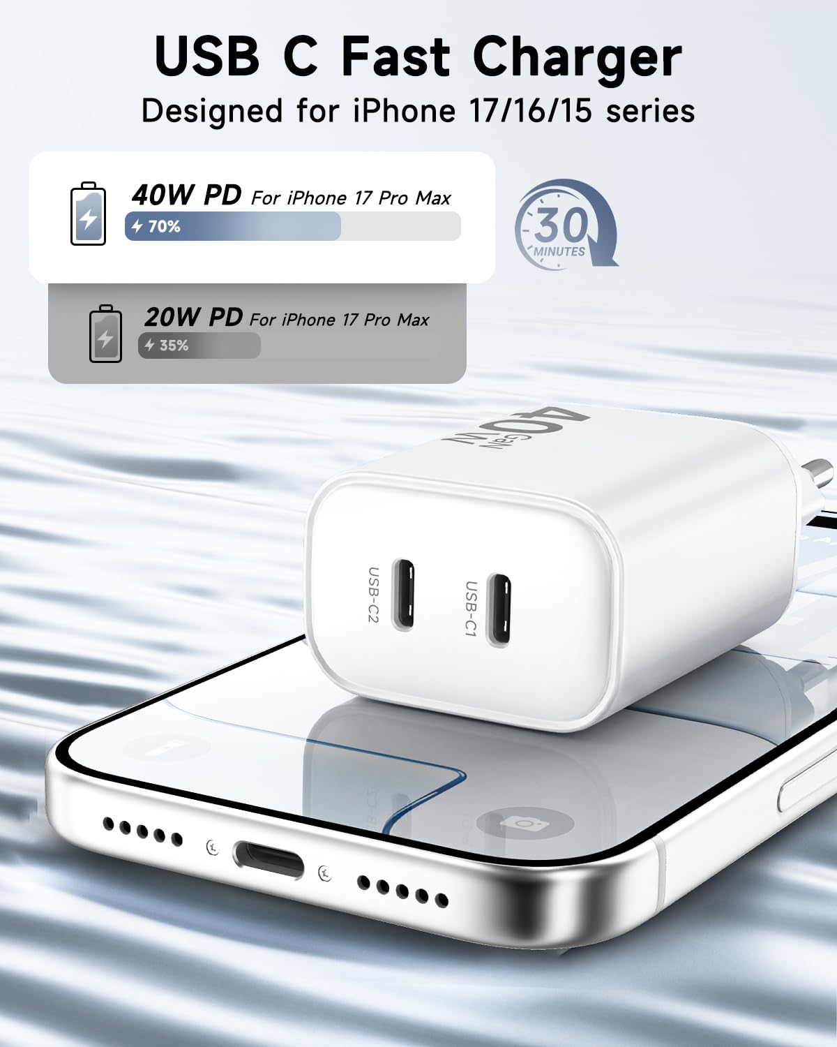 30W USB C Oplader voor iPhone 16E/16/16 Pro Max/16 Plus/15 Pro Max/15 Plus/iPad Air, 30W USB C Power Adapter USB-C Plug voeding USB C Snellaadadadapter met 2M Type C Oplaadkabel