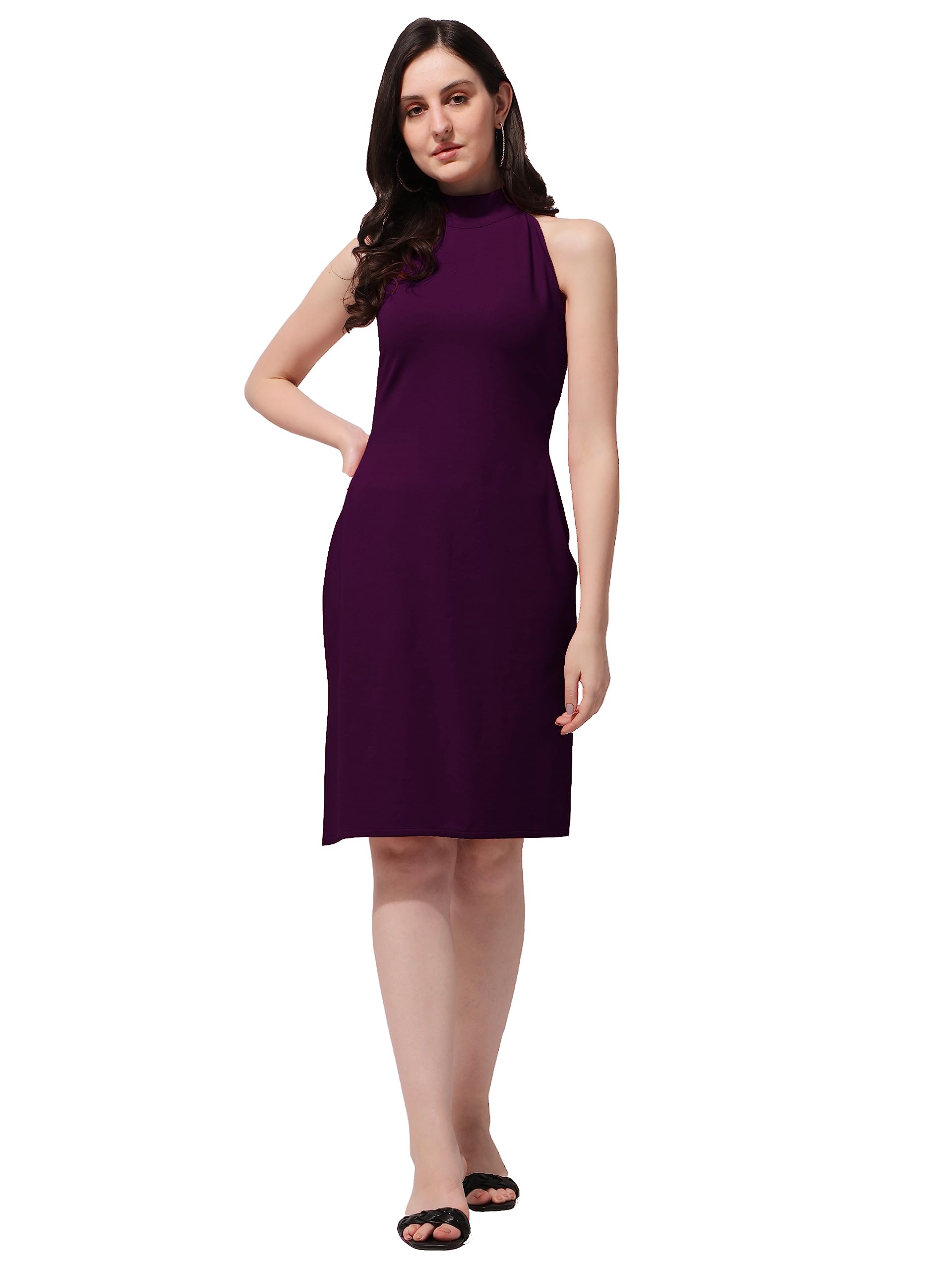 oomph! Women's Western & Fusion wear Above Knee/Mid Thigh Length Bodycon Purple Dress in Lycra Blend Fabric with Choker Neck and No Sleeves-picture-27