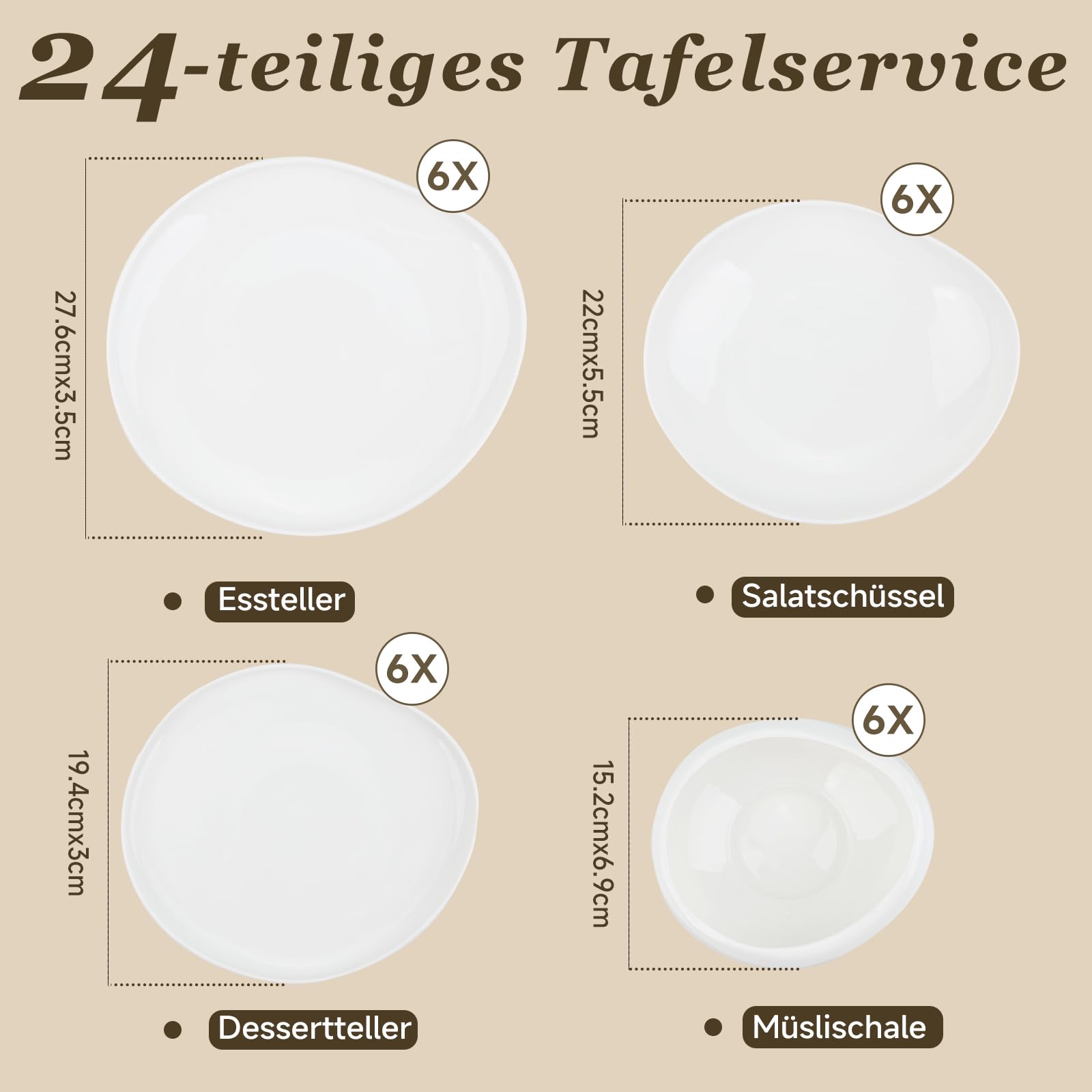 Zestaw naczyń, zestaw talerzy dla 6 osób, 24-częściowy serwis stołowy, porcelanowy zestaw naczyń, talerze deserowe, miseczki do musli, salaterki, naczynia białe