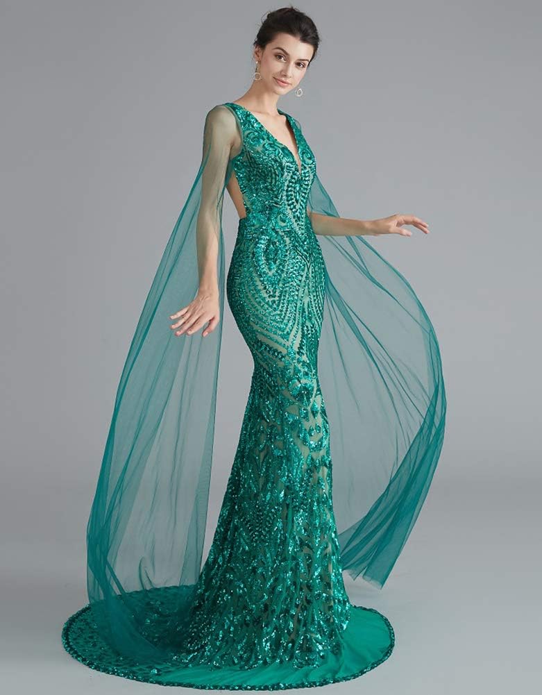 Sparkly Sequin Prom Gown Celebrity Gala Pageant Mermaid Evening Dress with Sheer Sleeves - Image 4