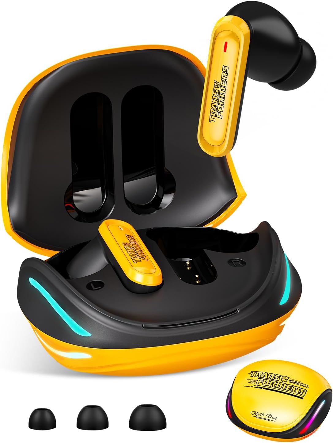 Transformers Official Bumblebee Wireless Gaming Earbuds, Bluetooth 6.0 Headphones, Open Mech Case with LED Lights, 24H Battery, IPX3 Waterproof, in-Ear Headphones for iPhone Android - Yellow