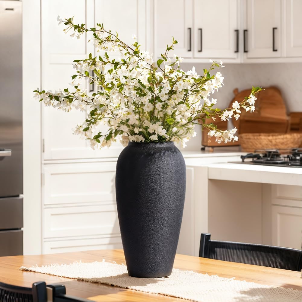 Rustic Ceramic Vase – 13.8" Large Black Ceramic Vase for Home Decor, Modern Terracotta Floor Vase for Living Room, Entryway, Kitchen, Black Vases for Centerpieces, Housewarming Gifts
