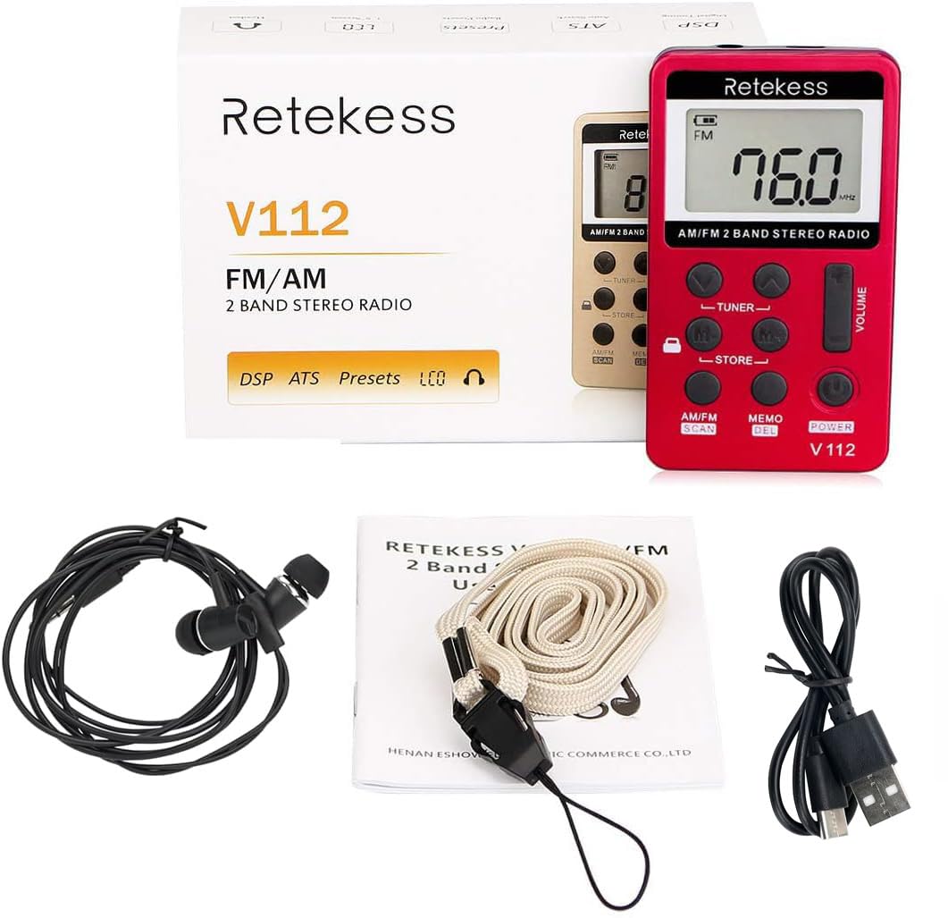 Retekess V112 Mini Radio FM de Poche,Radio Portable,FM AM,Prise Casque,d'Extérieur,Convient pour Course à Pied,de Sport,Randonnée,Le Camping(Rouge)