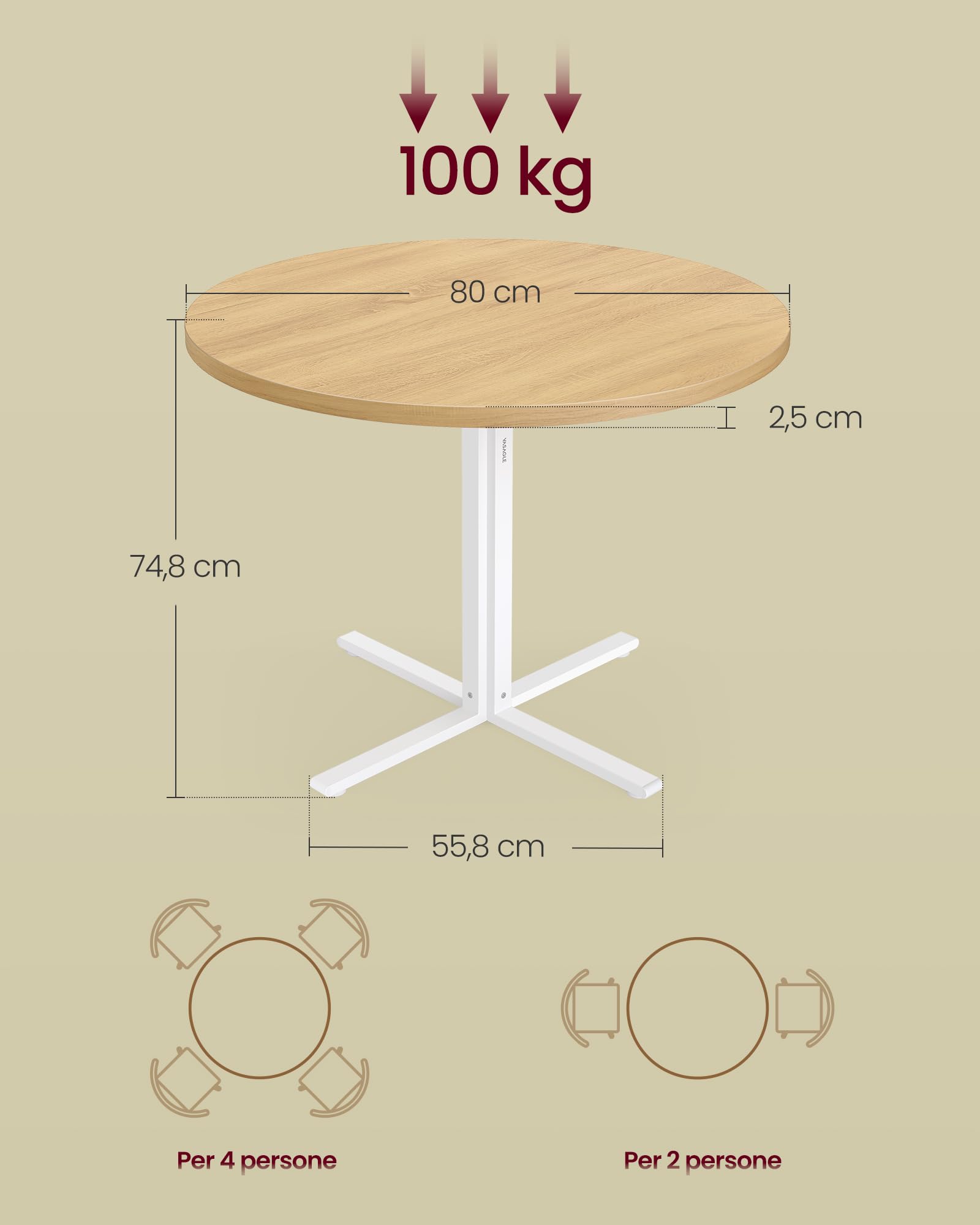 VASAGLE Tavolo da Pranzo Rotondo, Tavolino da Cucina per 4 Persone, Stile Rustico, Piano Resistente all'Acqua, diam. 80 cm, Altezza 74,8 cm, Sala da Pranzo, Soggiorno, Rovere Dorato KDT082Y02