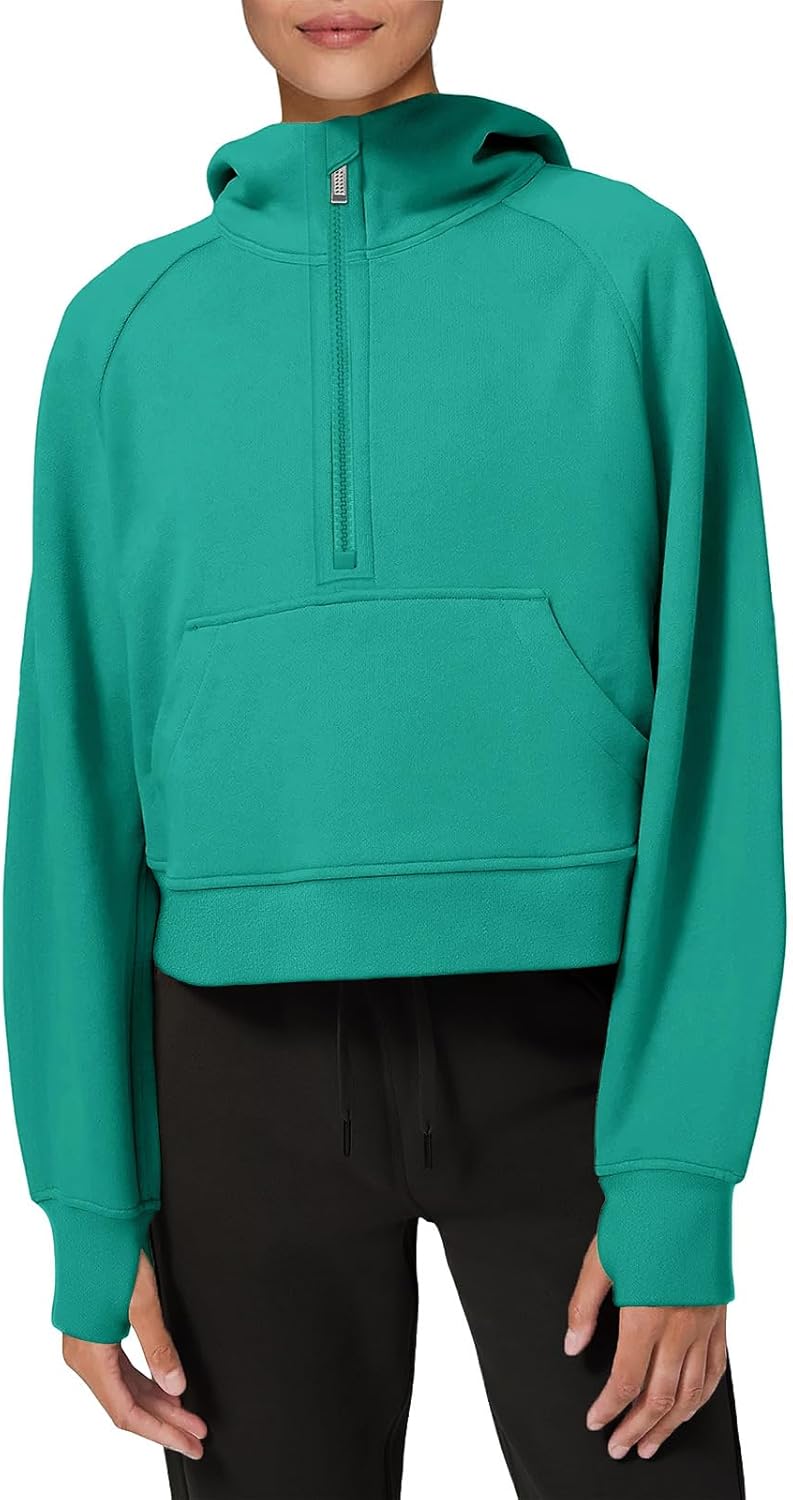 LASLULU Womens Hoodies Fleece Lined Collar Pullover 1/2 Zipper Sweatshirts Long Sleeve Crop Tops Sweater Thumb Hole