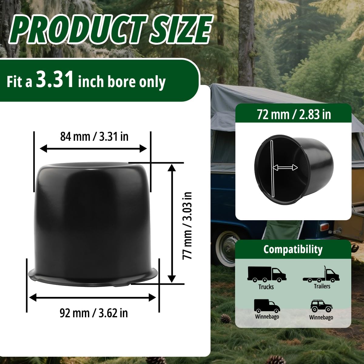 4 Pcs 3.31" Push Through Wheel Center Caps for Truck Trailer RV - Carbon Steel Closed-end Hub Caps (Fits 3.31" Bore, 3.03" Tall, Matte Black)
