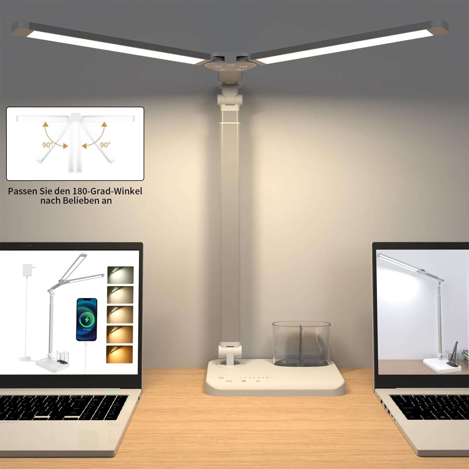 iVict Led-Schreibtischlampe, Doppelkopf, höhenverstellbar, dimmbare Nachttischlampe mit USB-Ladeanschluss, 5 Lichtmodi, Schreibtischlampen für Kinder, Touch Control zum Lesen, Basteln, Arbeiten