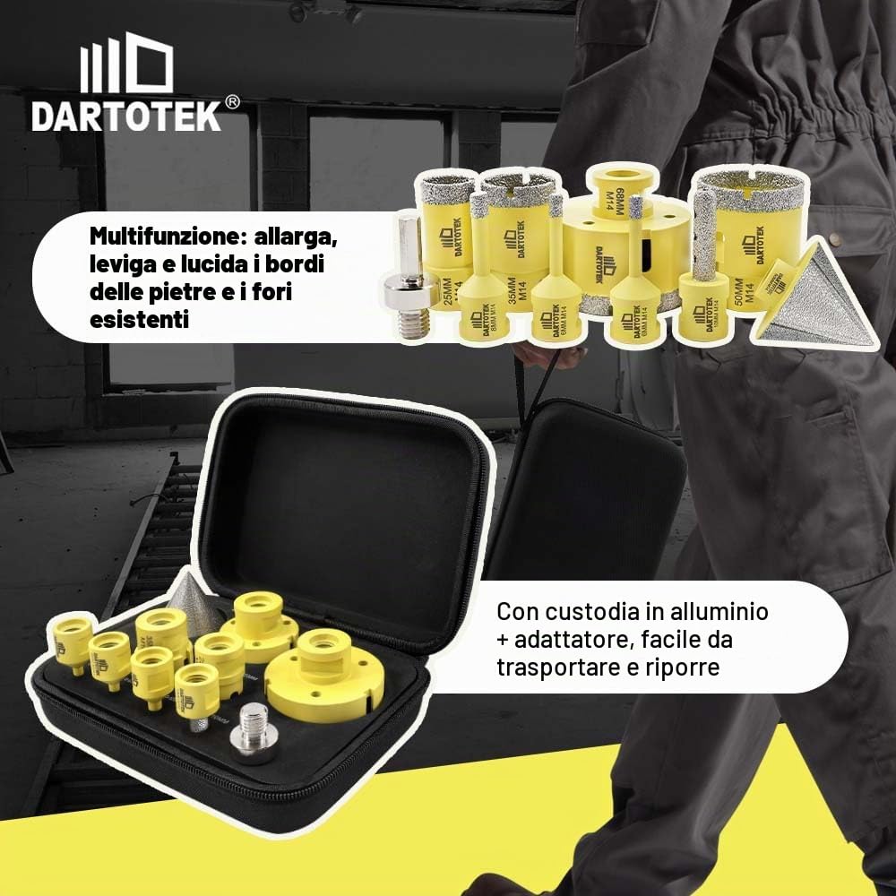 Punta per Trapano Diamantata Set 10-7 Sega a Tazza M14 (6/6/8/25/35/50/68mm), Fresa 10mm, Smussatrice 50mm, Adattatore M14/Esagonale per Ceramica, Marmo, Granito