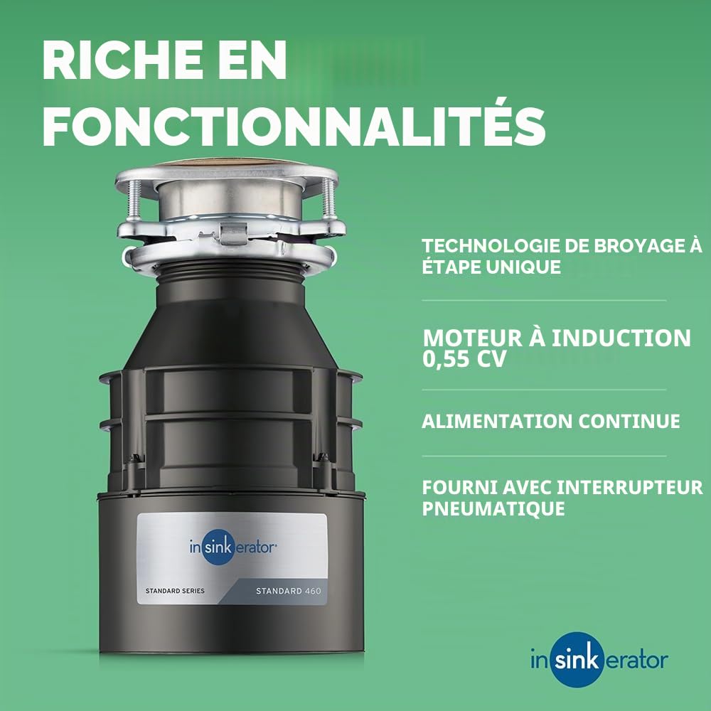 InSinkErator Standard 460 Évacuation des déchets alimentaires pour évier avec interrupteur à air – Accessoires d'évier de cuisine et gadgets – 17 x 17 x 31,2 cm – Noir