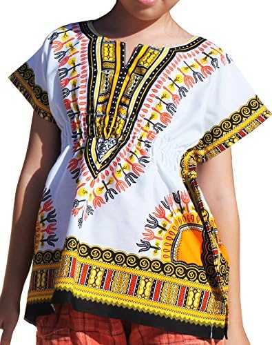 RaanPahMuang Childs African Dashiki Festival Bright Cotton Open Collar Shirt, Medium, White with Yellow