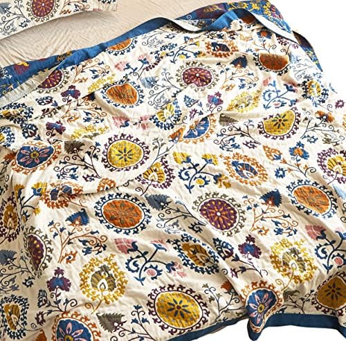 MEJU Flower Bohemia Mandala Datura Muslin All Season Blanket for Bed Sofa Couch, 100% Combed Cotton 4 Layer Soft Warm Quick Dry Throw Blanket Bed Coverlet Sheet (Boho Flower 1, F/Q 78" X 90")