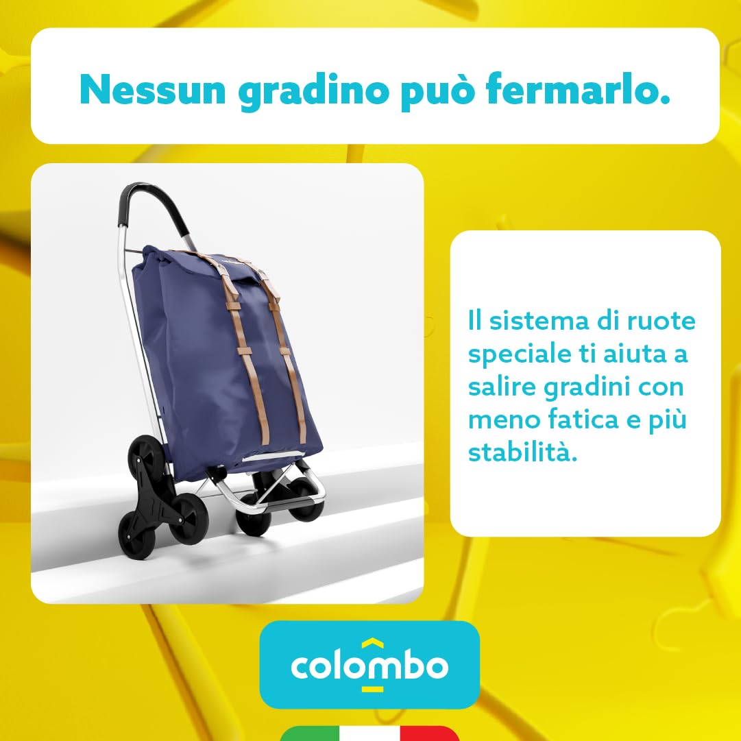 COLOMBO Dakar 3 Carrello spesa 50L con sacca impermeabile in poliestere, struttura in acciaio, 3 ruote per scale e tutti i terreni, portata 30 kg, leggero e pieghevole, ideale supermercato e mercato