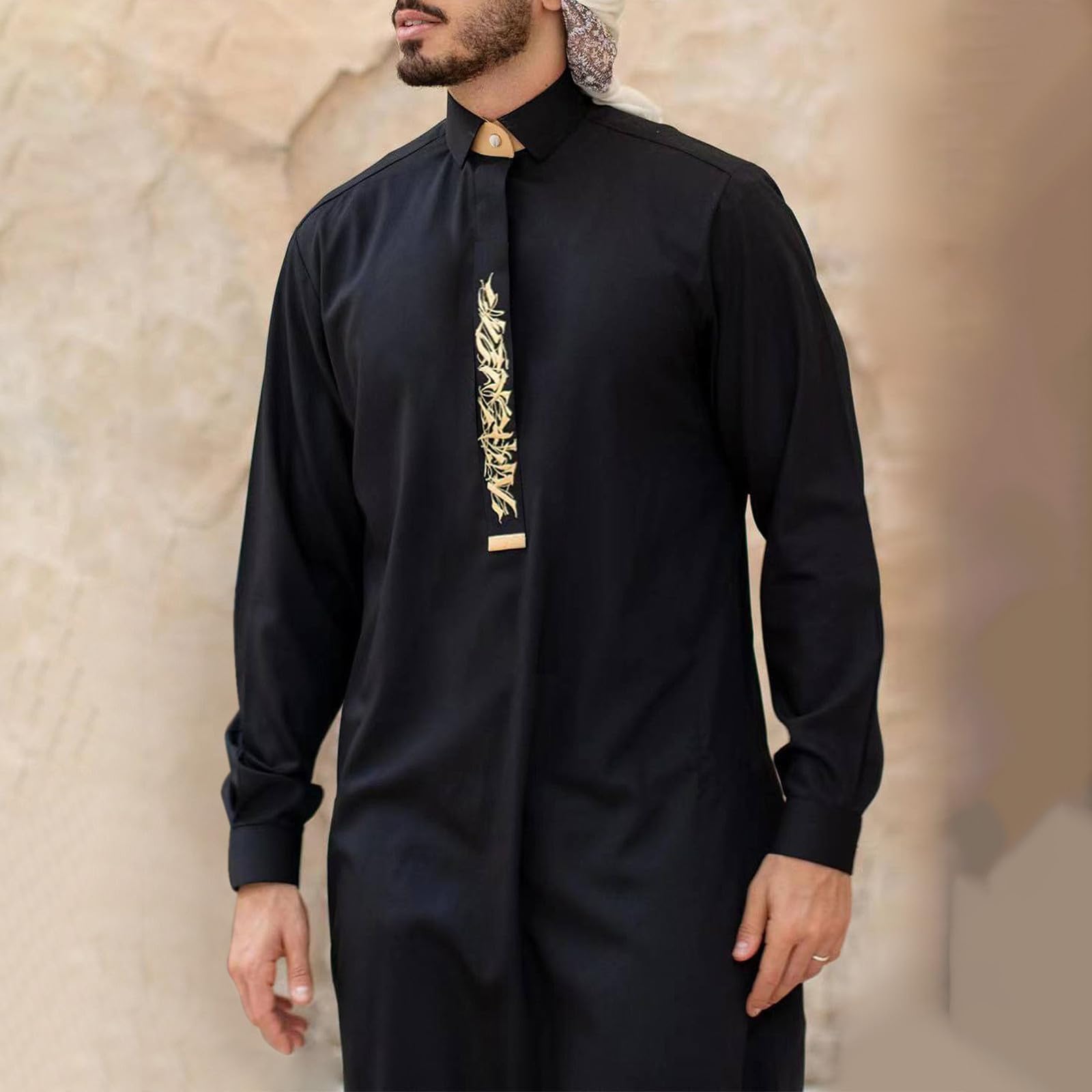 Caftano Uomo Abbigliamento Arabo Abito Etnico Tradizionale Langrm Ricamo Thobe Abiti Musulmani Thobe Tinta unita Dubai Vestiti da preghiera per uomini Taglie Camicia da notte