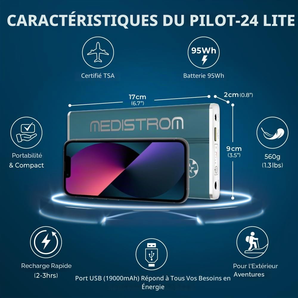 Medistrom Pilot 24 Lite - PPC CPAP Batterie/Pile/Alimentation de Secours/Power Bank - compatible avec ResMed AirSense 10, AirMini, S9, 3B Medical Luna et DreamStation Go