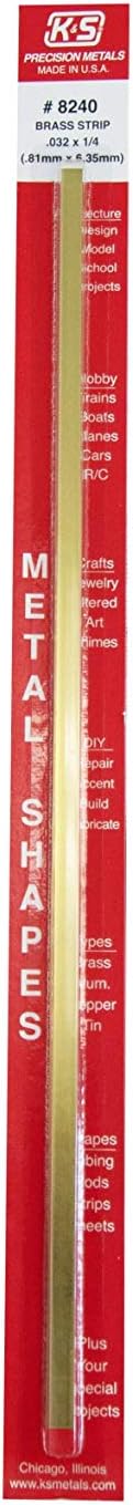 K&S Precision Metals 8240 Brass Strip, 0.032" Thickness x 1/4" Width x 12" Length, 3 pcs per car, Made in USA